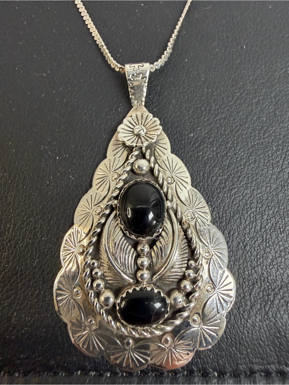 Navajo Sterling Hand Stamped Floral/RopeBlack Onyx Cabochons 2.25" D. Yazzie 925